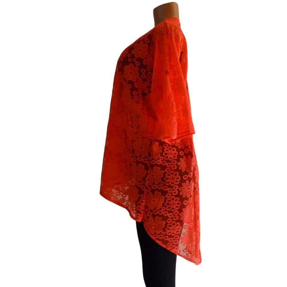 LuLaRoe Lindsay Kimono Neon Orange Floral Lace, Light Cover Up Halloween Fall - Picture 5 of 8